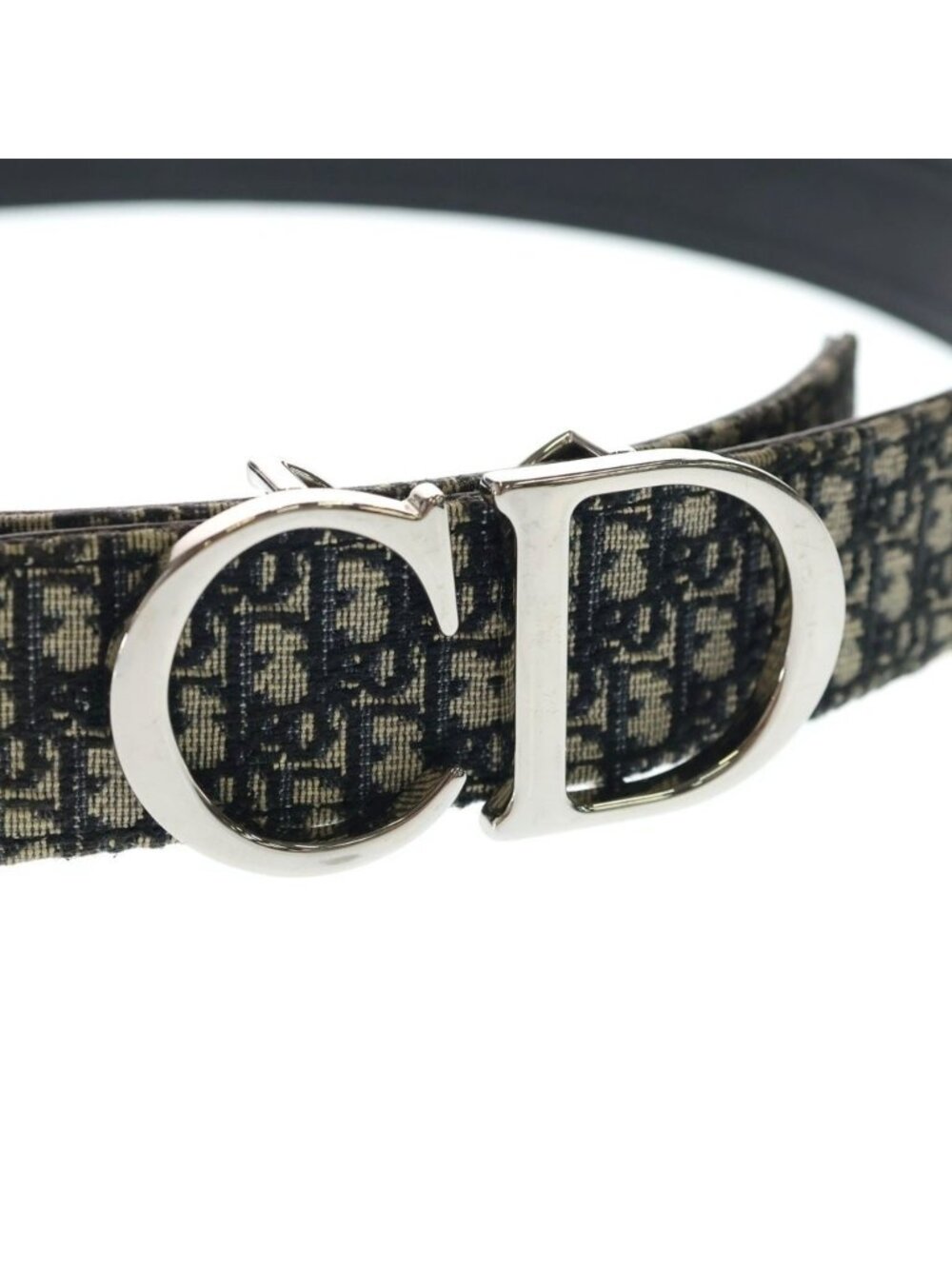 Dior CD Logo Buckle Belt Oblique Black Pattern Navy Canvas Leather Silver - Picture 4 of 6